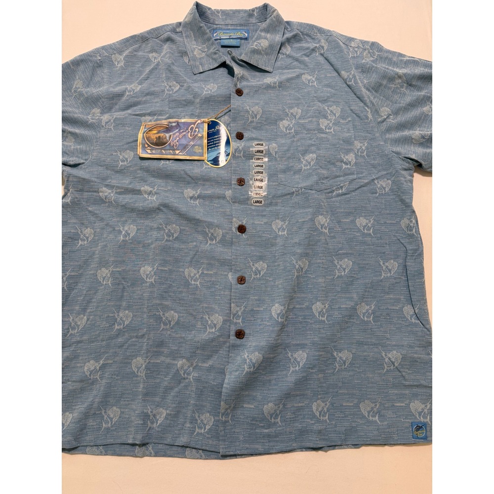 Bermuda Bay Mens Silk Aegean Blue Marlin Camp Shirt BBSW111901 Large NWT
